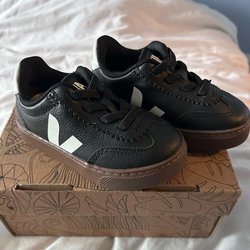Veja Kids Black Sneakers with White V Logo and Brown Sole